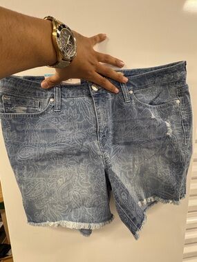 Seven7 Light Blue Paisley Frayed Hem Jean Shorts